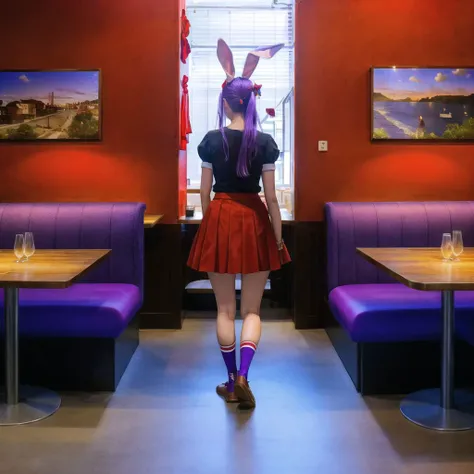 <lora:TheNightFeeling2:1.0>, thenightfeeling,a restaurant with tables and chairs and a red wall and a red door and windows with a screen on it, 1girl, absurdly long hair, animal ears, full body, hand on hip, highres, index finger raised, loafers, long hair, necktie, puffy sleeves, purple hair, rabbit ears, red eyes, shoes, skirt, socks, solo, very long hair