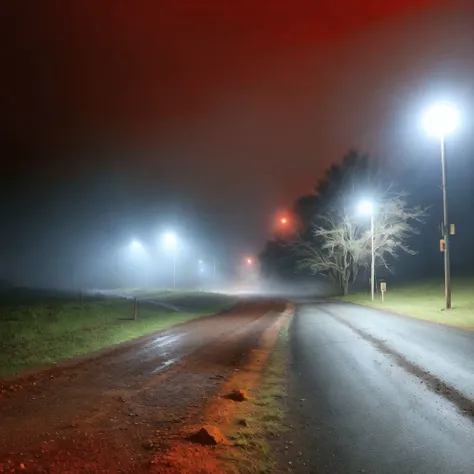 <lora:TheNightFeeling2:1.0>, thenightfeeling,a dirt road with a car parked on it at night time with a light on the side of the road, 1other, anatofinnstark, arm up, artist name, city, coat, fog, glowing, glowing eye, hat, highres, holding, holding weapon, outdoors, pants, red eyes, red theme, saw cleaver, scenery, solo, torn coat, tricorne, weapon