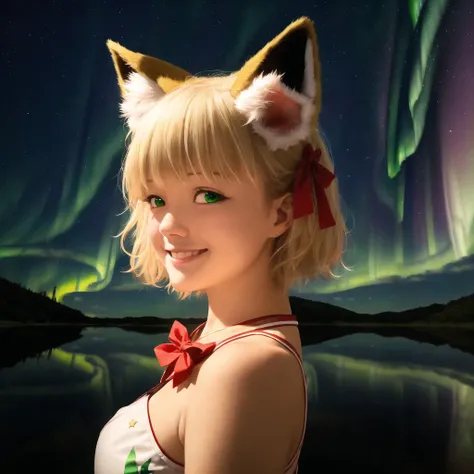 <lora:TheNightFeeling2:1.0>, thenightfeeling,a large body of water with a sky full of stars and a green aurora bore in the background and a few clouds, animal ears, blonde hair, fox ears, hair ornament, hair ribbon, hairclip, japanese clothes, kemonomimi mode, leaf, looking at viewer, lying, on side, red eyes, ribbon, short hair, smile, solo