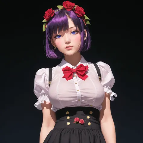 <lora:TheNightFeeling2:1>, thenightfeeling,
1girl, bangs, black background, black ribbon, black rose, black skirt, blue eyes, bow, bowtie, breast hold, breasts, bursting breasts, buttons, collared shirt, dress shirt, eyebrows, eyebrows visible through hair, eyelashes, flower, frilled sleeves, frills, hair flower, hair ornament, hairband, hand on own cheek, head tilt, high-waist skirt, highres, large breasts, looking at viewer, parted lips, puffy short sleeves, puffy sleeves, purple hair, red bow, red bowtie, ribbon, ringed eyes, rose, shirt, short hair, short sleeves, signature, simple background, skirt, solo, suspender skirt, suspenders, white shirt