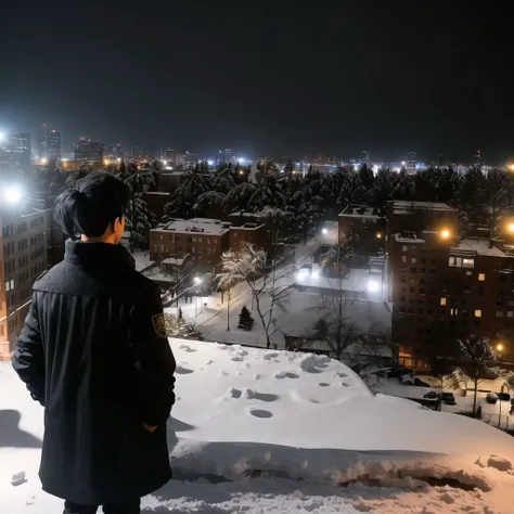 <lora:TheNightFeeling2:1.0>, thenightfeeling,a view of a snowy city at night from a rooftop top deck of a building with a snow covered roof, 1boy, black coat, black hair, cowboy shot, from side, hands in pockets, male focus, medium hair, ponytail, signature, solo, watermark, web address