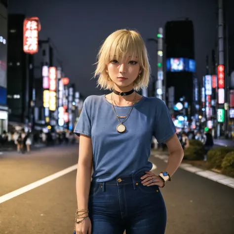 <lora:TheNightFeeling2:1>, thenightfeeling,
depth of field, jeans, denim, city, building, 1girl, motion blur, street, skyscraper, outdoors, photo inset, pants, town, road, watch,necklace, hands on hips, hand on hip, bracelet, day, wristwatch, people, reference inset, jewelry, solo, choker, blonde hair, wristband, tokyo \(city\), short hair, casual, bokeh, lips, shirt, looking at viewer, t-shirt, blue pants