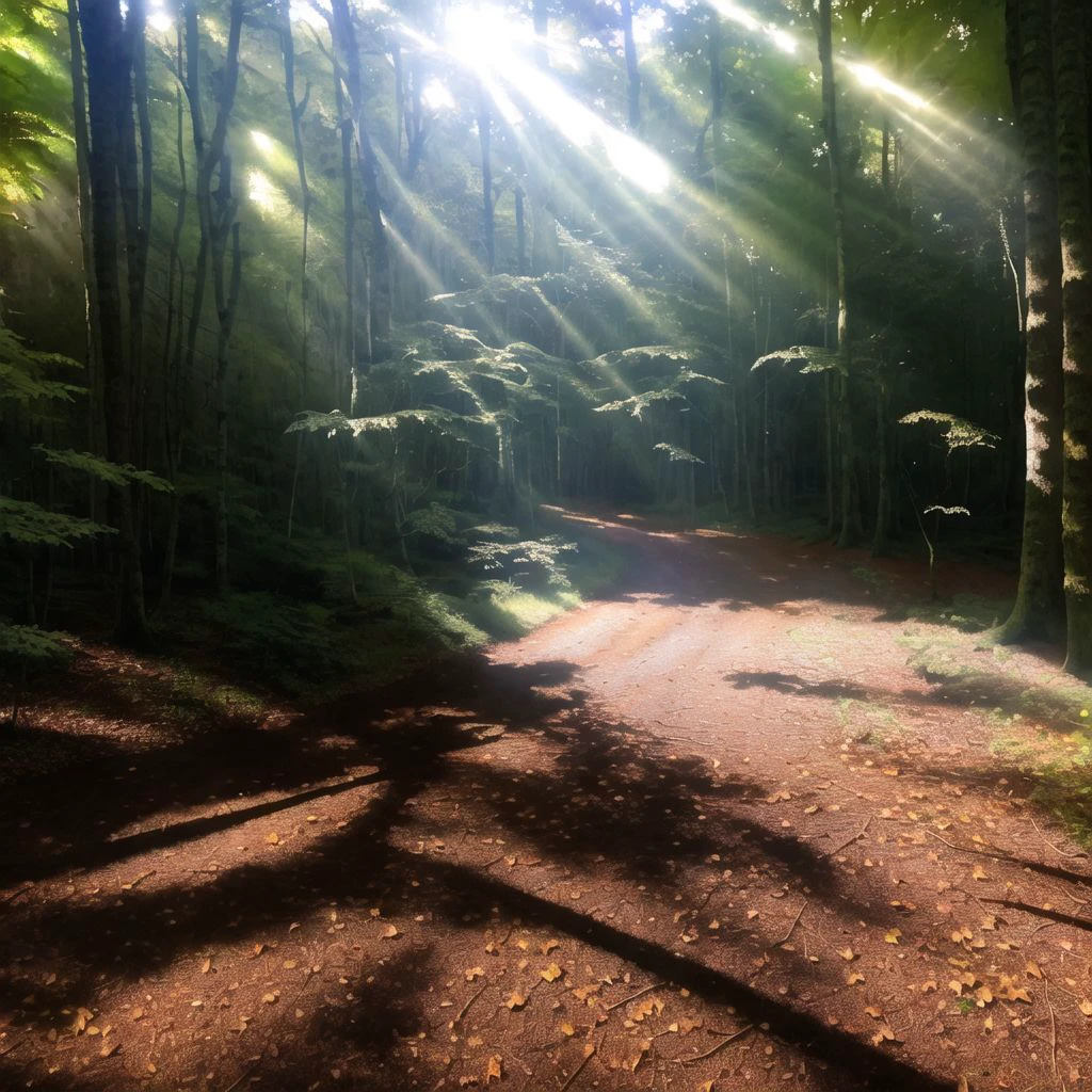 <lora:TheNightFeeling2:1>, thenightfeeling,
among tall trees, with sunlight filtering through the leaves and casting dappled shadows on the forest floor. Birds chirp and rustling leaves can be heard as animals scurry through the underbrush, unseen.