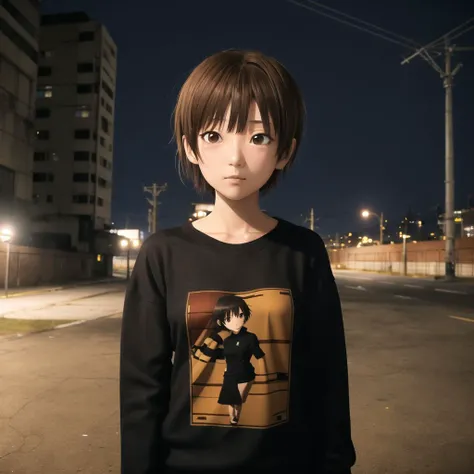 <lora:TheNightFeeling2:1.1>, thenightfeeling,
1girl, asymmetrical bangs, bangs, black shirt, brown eyes, brown hair, building, closed mouth, english commentary, expressionless, hair ornament, io \(onisarashi\), long sleeves, looking at viewer, night, photo background, power lines, shirt, short hair, single sidelock, skyscraper, solo, sweater, upper body, x hair ornament, serial experiments lain, iwakura lain, dark, midnight