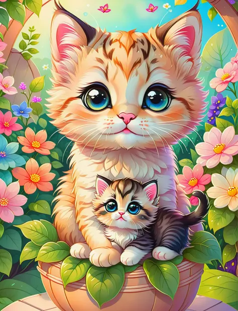 <lora:SDXLCutePets:1> cutepets, (a mommy kitty holding her kitten:1.2), lush garden background, vibrant colors, kawaii, high quality, digital art illustration