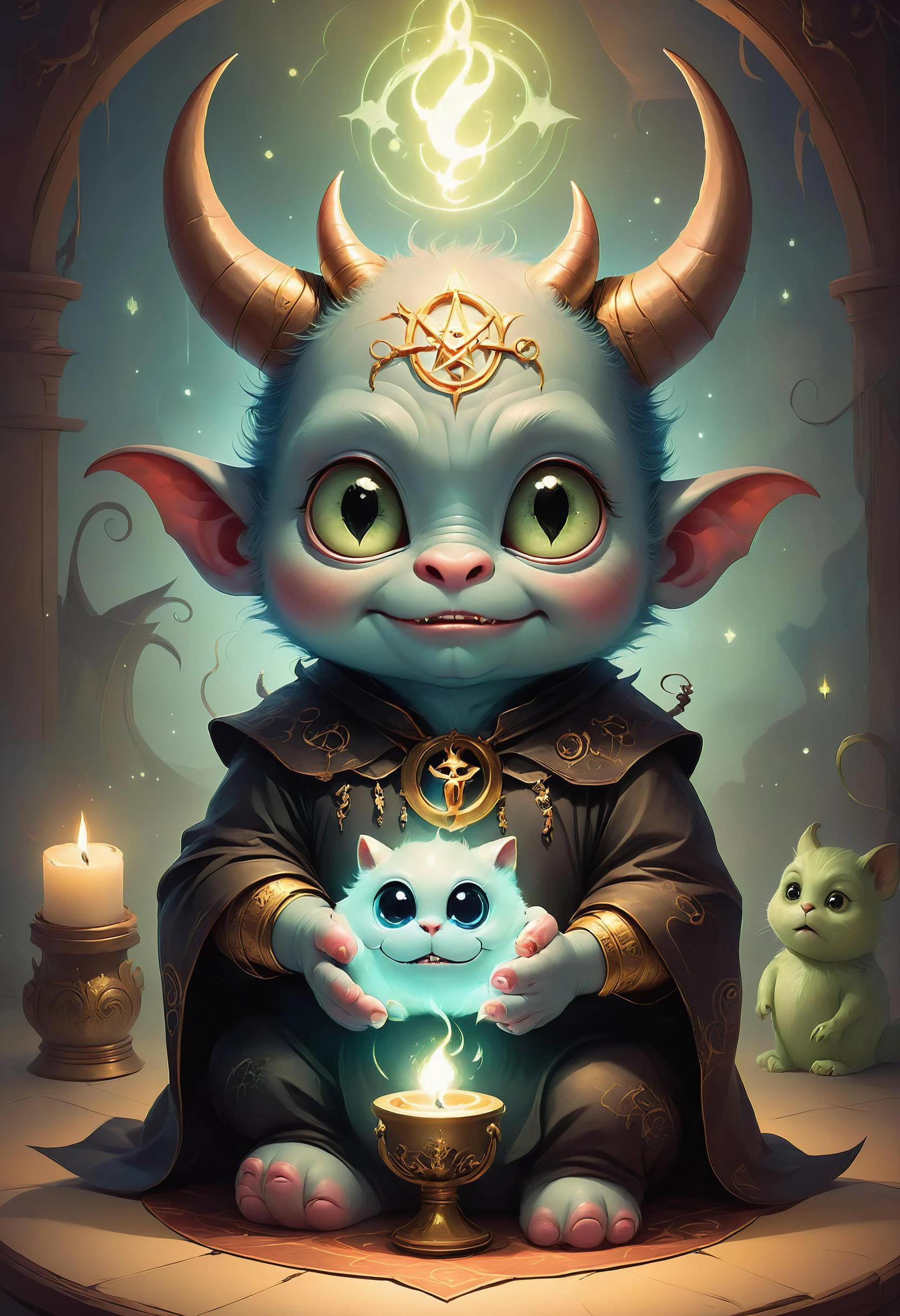 cute, cuddly, adorable, (occult:1.3), witchcraft, demon summoning, demonic possession, devil worship, voodoo,, lighting, CutePets by Thomas Kinkade, Pixar Style, by Tristan Eaton Stanley Artgerm and Tom Bagshaw <lora:SDXLFaeTastic2400:0.8> <lora:SDXLCutePets:0.8>