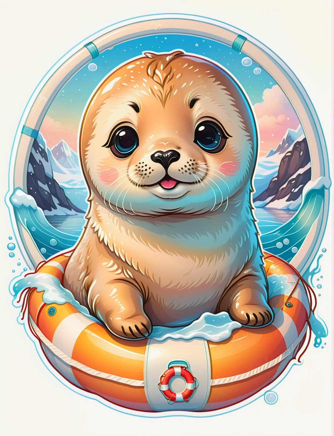 <lora:SDXLCutePets:1> cutepets, an adorable seal inside of a lifesaver in the arctic ocean, sticker, kawaii, high quality, digital art illustration
