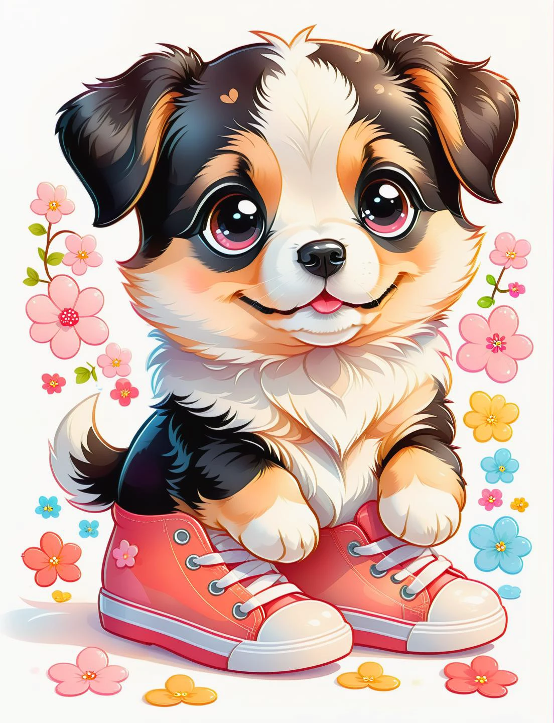 <lora:SDXLCutePets:1> cutepets, an adorable puppy wearing too big shoes, kawaii, high quality, digital art illustration