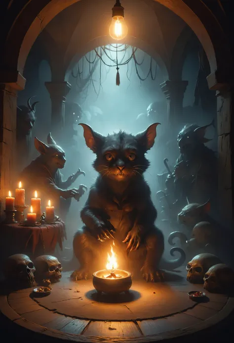 cute, cuddly, adorable, (occult:1.3), witchcraft, demon summoning, demonic possession, devil worship, voodoo, great lighting, ambient lighting, CutePets, ais-sinisterz uki, (((artstation, concept art, smooth, sharp focus, artgerm, Tomasz Alen Kopera, Peter Mohrbacher, donato giancola, Joseph Christian Leyendecker, WLOP, Boris Valle <lora:great_lighting:0.8> <lora:SDXLCutePets:0.8> <lora:Sinister_Style_SDXL:0.8>