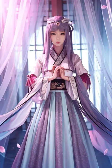 ultra-detailed,highly detailed,best quality,masterpiece,illustration,
shaosiming, 1girl, solo,
hanfu, chinese clothes, traditional clothes, layered clothes,dress,red frilled shawl,
wide sleeves, long sleeves, sleeves past wrists, jewelry,hair stick, tiara, gem,ribbon,
hair ornament, purple hair, very long hair, blunt bangs, hair rings,
outdoors, nature,cherry blossoms, falling petals,wind, looking at viewer,
<lora:shaosiming_v1_04:0.8>