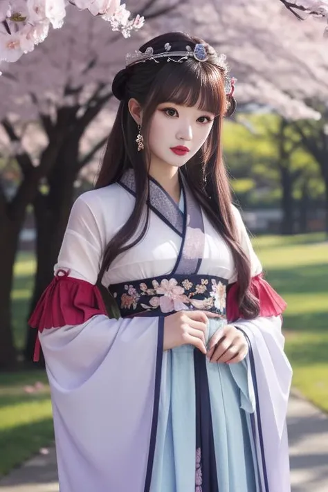 ultra-detailed,highly detailed,best quality,masterpiece,illustration,
shaosiming, 1girl, solo, 
hanfu, chinese clothes, traditional clothes, layered clothes,dress,red frilled shawl, 
wide sleeves, long sleeves, sleeves past wrists, jewelry,hair stick, tiara,  gem,ribbon, 
hair ornament, purple hair, very long hair, blunt bangs, hair rings,
outdoors, nature,cherry blossoms, falling petals,wind, looking at viewer, 
<lora:shaosiming_v1_04:0.6>