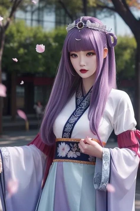 ultra-detailed,highly detailed,best quality,masterpiece,illustration,
shaosiming, 1girl, solo,
hanfu, chinese clothes, traditional clothes, layered clothes,dress,red frilled shawl,
wide sleeves, long sleeves, sleeves past wrists, jewelry,hair stick, tiara, gem,ribbon,
hair ornament, purple hair, very long hair, blunt bangs, hair rings,
outdoors, east asian architecture, courtyard, tree,foliage, falling petals, dynamic pose, upper body,
<lora:shaosiming_v1_04:0.7>