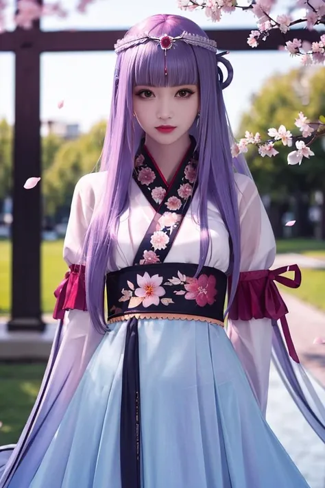 ultra-detailed,highly detailed,best quality,masterpiece,illustration,
shaosiming, 1girl, solo, perfect hand,perfect finger,
hanfu, chinese clothes, traditional clothes, layered clothes,dress,red frilled shawl,
wide sleeves, long sleeves, sleeves past wrists, jewelry,hair stick, tiara, gem,ribbon,
hair ornament, purple hair, very long hair, blunt bangs, hair rings,
outdoors, nature,cherry blossoms, falling petals,wind, looking at viewer, upper body, arms behind back,
<lora:shaosiming_v1_04:0.7>