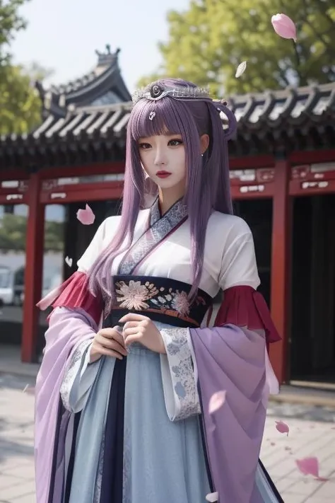 ultra-detailed,highly detailed,best quality,masterpiece,illustration,
shaosiming, 1girl, solo,
hanfu, chinese clothes, traditional clothes, layered clothes,dress,red frilled shawl,
wide sleeves, long sleeves, sleeves past wrists, jewelry,hair stick, tiara, gem,ribbon,
hair ornament, purple hair, very long hair, blunt bangs, hair rings,
outdoors, east asian architecture, courtyard, tree,foliage, falling petals, dynamic pose, upper body,
<lora:shaosiming_v1_04:0.7>