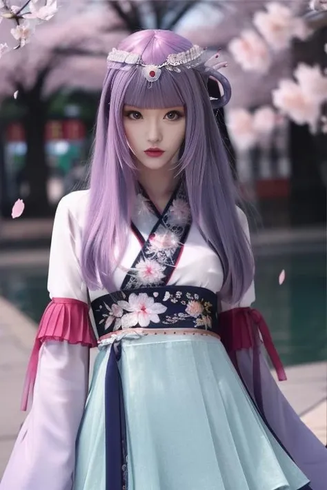 ultra-detailed,highly detailed,best quality,masterpiece,illustration,
shaosiming, 1girl, solo, perfect hand,perfect finger,
hanfu, chinese clothes, traditional clothes, layered clothes,dress,red frilled shawl,
wide sleeves, long sleeves, sleeves past wrists, jewelry,hair stick, tiara, gem,ribbon,
hair ornament, purple hair, very long hair, blunt bangs, hair rings,
outdoors, nature,cherry blossoms, falling petals,wind, looking at viewer, upper body, arms behind back,
<lora:shaosiming_v1_04:0.9>