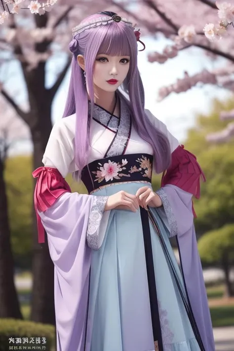 ultra-detailed,highly detailed,best quality,masterpiece,illustration,
shaosiming, 1girl, solo, perfect hand,perfect finger,
hanfu, chinese clothes, traditional clothes, layered clothes,dress,red frilled shawl, 
wide sleeves, long sleeves, sleeves past wrists, jewelry,hair stick, tiara,  gem,ribbon, 
hair ornament, purple hair, very long hair, blunt bangs, hair rings,
outdoors, nature,cherry blossoms, falling petals,wind, looking at viewer, upper body, 
<lora:shaosiming_v1_04:0.7>