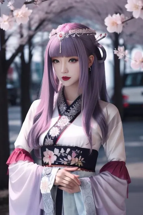 ultra-detailed,highly detailed,best quality,masterpiece,illustration,
shaosiming, 1girl, solo, perfect hand,perfect finger,
hanfu, chinese clothes, traditional clothes, layered clothes,dress,red frilled shawl,
wide sleeves, long sleeves, sleeves past wrists, jewelry,hair stick, tiara, gem,ribbon,
hair ornament, purple hair, very long hair, blunt bangs, hair rings,
outdoors, nature,cherry blossoms, falling petals,wind, looking at viewer, upper body, arms behind back,
<lora:shaosiming_v1_04:0.9>