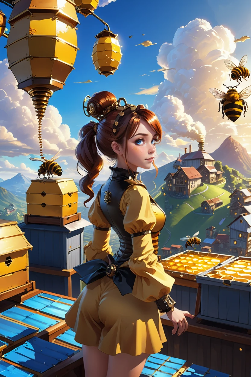 steampunk, <lora:EnvySendNoodzXL01:0.5>1girl, woman, beautiful, golden hour, blue sky, clouds, architecture, Rooftop beekeeping farm in a Dwarf Mountain<lora:EnvyBetterHiresFixXL01:0:hr=1><lora:EnvyBeginningOfTimeXL01:1>