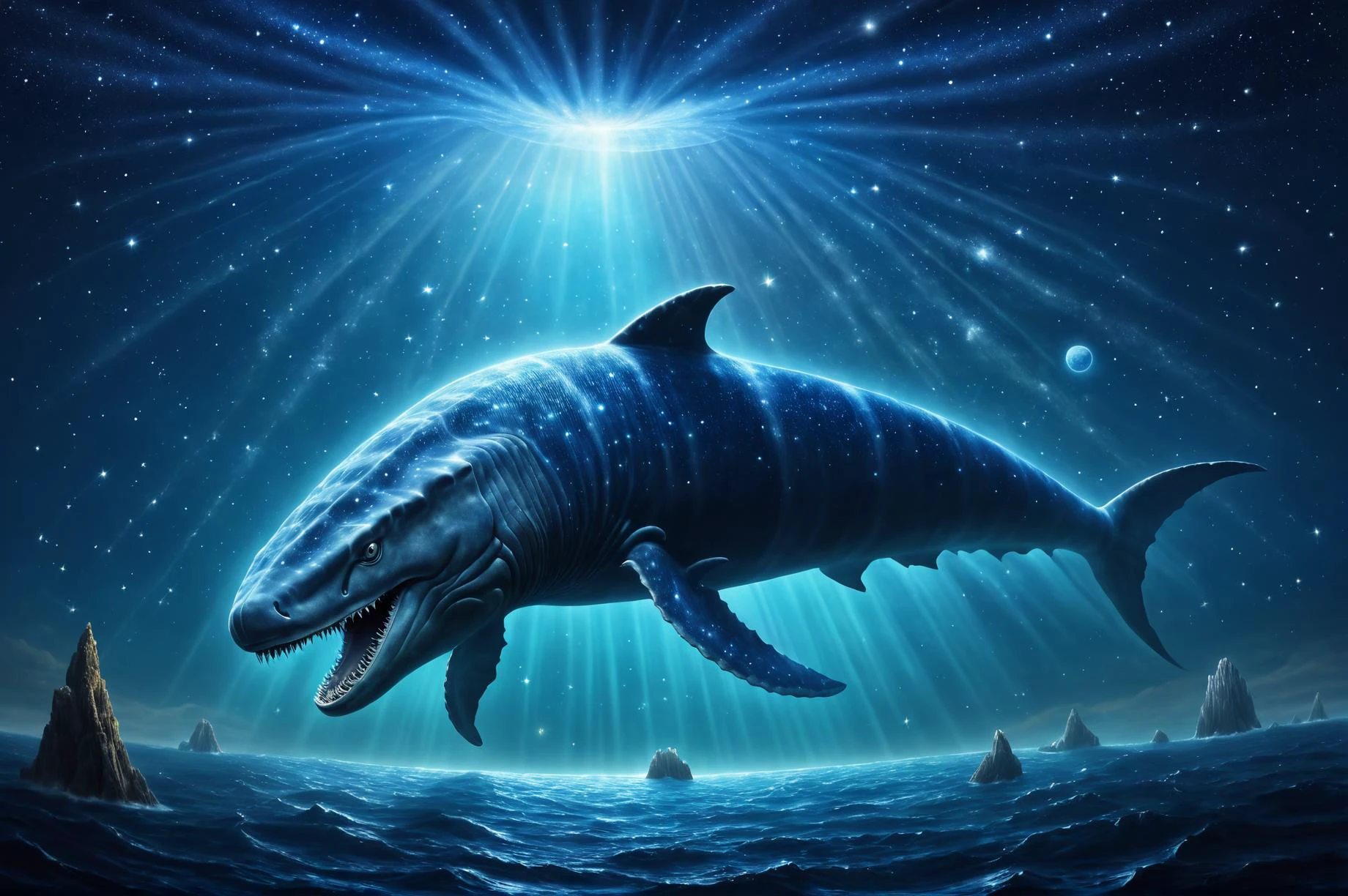 photorealistic, detailed digital illustration of a A colossal, ancient sea creature with scales that mimic the appearance of constellations, creating a celestial map that glows softly in the depths, <lora:cine:0.7> cin3, <lora:NicolaSamori:0.7>, <lora:EnvyBeginningOfTimeXL01:0.7>