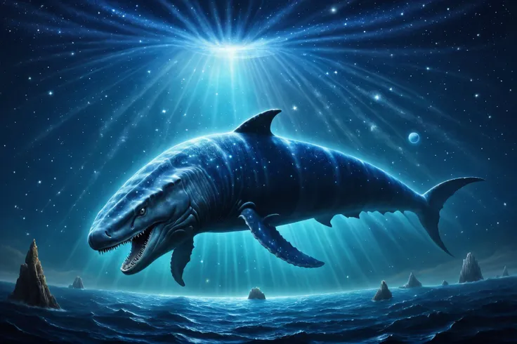 photorealistic, detailed digital illustration of a A colossal, ancient sea creature with scales that mimic the appearance of constellations, creating a celestial map that glows softly in the depths, <lora:cine:0.7> cin3, <lora:NicolaSamori:0.7>, <lora:EnvyBeginningOfTimeXL01:0.7>