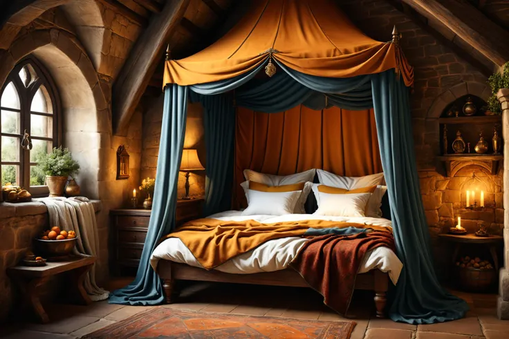 photorealistic, detailed digital illustration of a Cozy medieval bedroom with canopy bed, <lora:EnvyCozyXL01:0.7>, <lora:xl_more_art-full_v1:0.7>, <lora:EnvyBeginningOfTimeXL01:0.7>