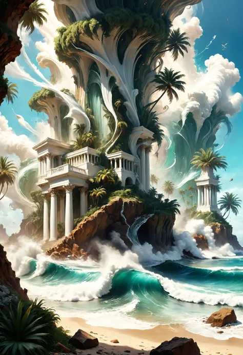 A coastal colonial estate with white pillars, where palm trees sway in the warm breeze, Psionic soldier manipulating energy waves in the foreground, <lora:fracolor:0.7> fracolor, <lora:paintmgc:0.8> paintmgc, <lora:EnvyBeginningOfTimeXL01:0.7>, <lora:xl_more_art-full_v1:0.4>