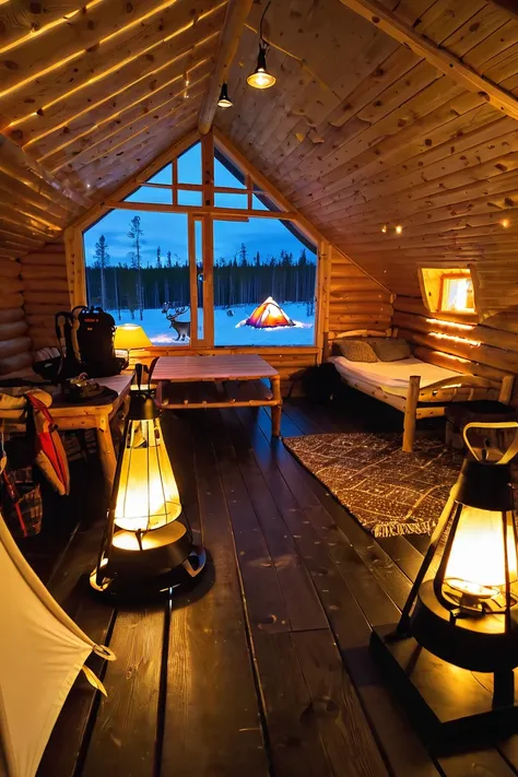 well-lit interior, in a Naturecore Reindeer herder's camp in Lapland<lora:EnvyBetterHiresFixXL01:0:hr=1><lora:EnvyBeginningOfTimeXL01:1>