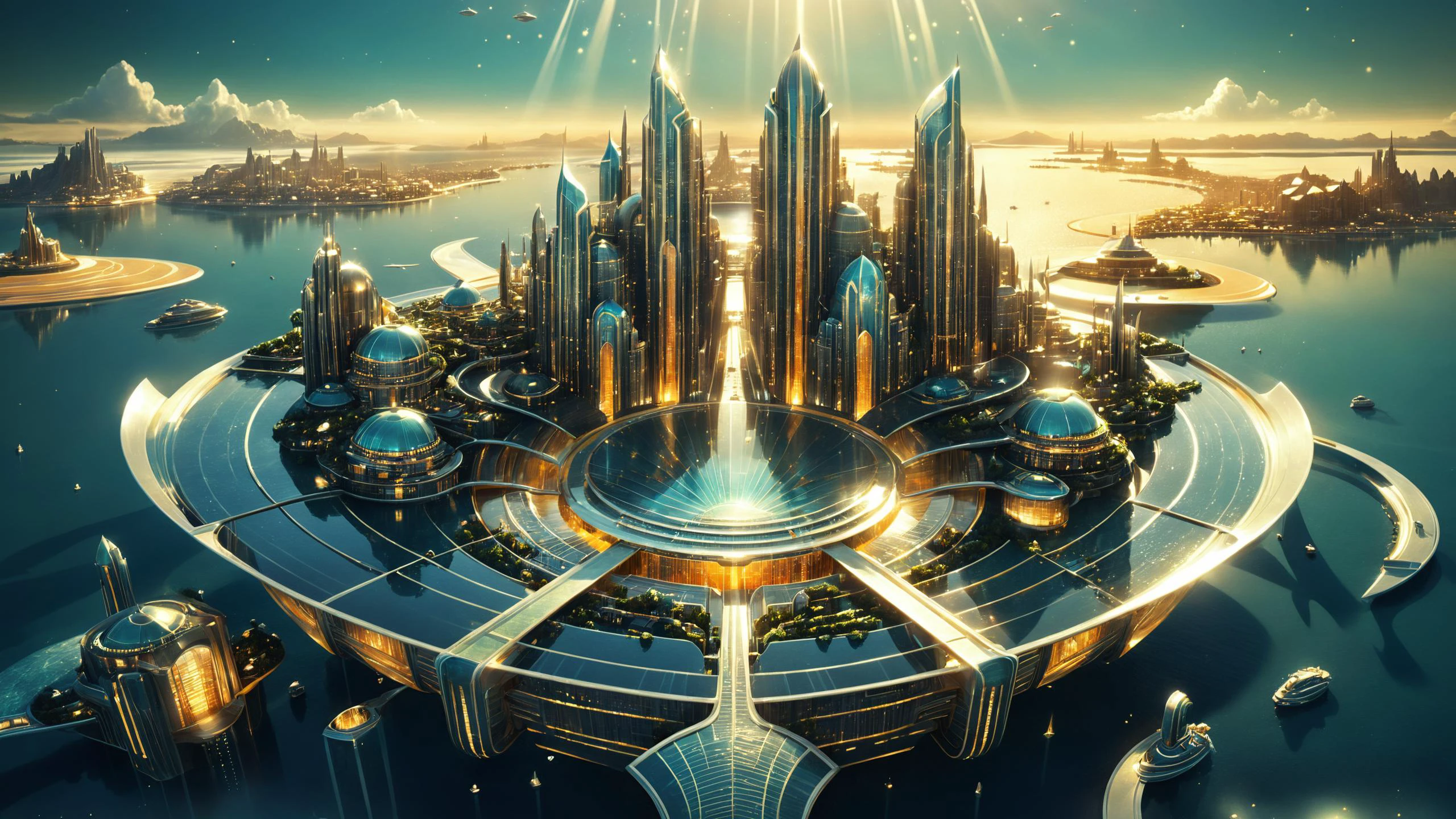 photorealistic, detailed digital illustration of a futuristic floating city in the middle of the ocean, <lora:xl_more_art-full_v1:0.4>, glowwave, <lora:EnvyPanoramaXL01:0.8>, <lora:EnvyFantasyArtDecoXL01:1> fantasy art deco, <lora:sdxlaarg_aerial:0.8> archiaerialview, <lora:EnvyBeginningOfTimeXL01:0.7>