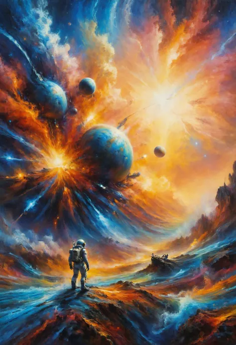 A stranded astronaut battles the elements on a hostile planet, struggling to survive in a harsh environment while awaiting rescue from Earth, Space explorer with cybernetic enhancements in the foreground, <lora:Rainbow_Style:0.6>, <lora:EldritchDigitalArt1.2.1:0.8> impressionism oil painting, <lora:EnvyBeginningOfTimeXL01:0.7>, <lora:SDXLFaeTastic2400:0.4>