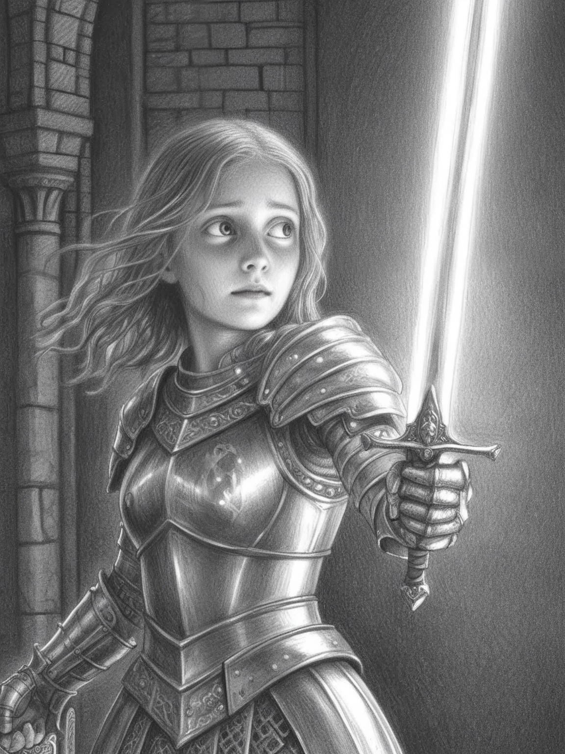 pencil, drawing, by Brian Selznick, girl knight, holding a sword, dazzling ,transparent , (1 arm up), waving sword, glowing armor, glowing eyes, full armor, hyper detailed, perfect anatomy, (in castle:1.2), <lora:Brian_Selznick_Style_XL:0.8>