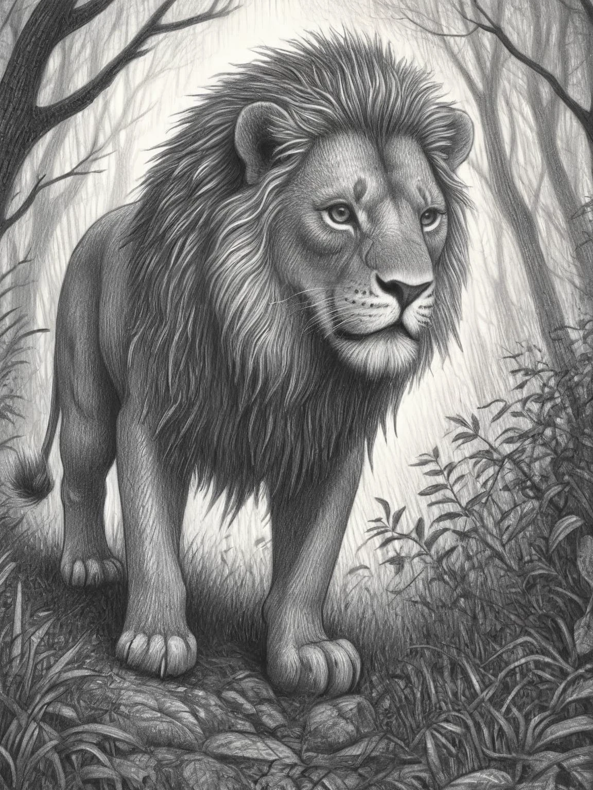 pencil, drawing, by Brian Selznick, a brave lion, exploring a magical forest, dynamic pose, ((masterpiece)), (best quality), detailed , <lora:Brian_Selznick_Style_XL:0.8>