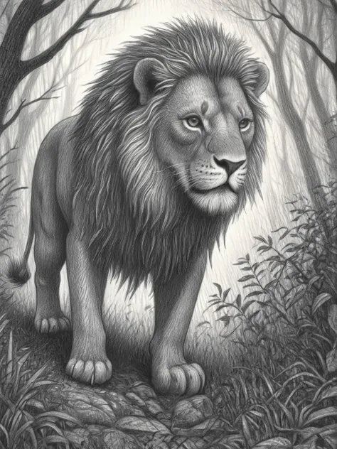 pencil, drawing,  by Brian Selznick,  a brave lion, exploring a magical forest, dynamic pose, ((masterpiece)), (best quality), detailed ,    <lora:Brian_Selznick_Style_XL:0.8>