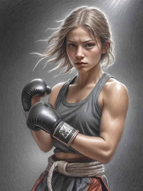 pencil, drawing,  by Brian Selznick,  impactful color paint of caucasian woman fighter, muai thai fighter, dynamic pose, volumetric lighting, masterpiece, best quality, breathtaking background,    <lora:Brian_Selznick_Style_XL:0.8>