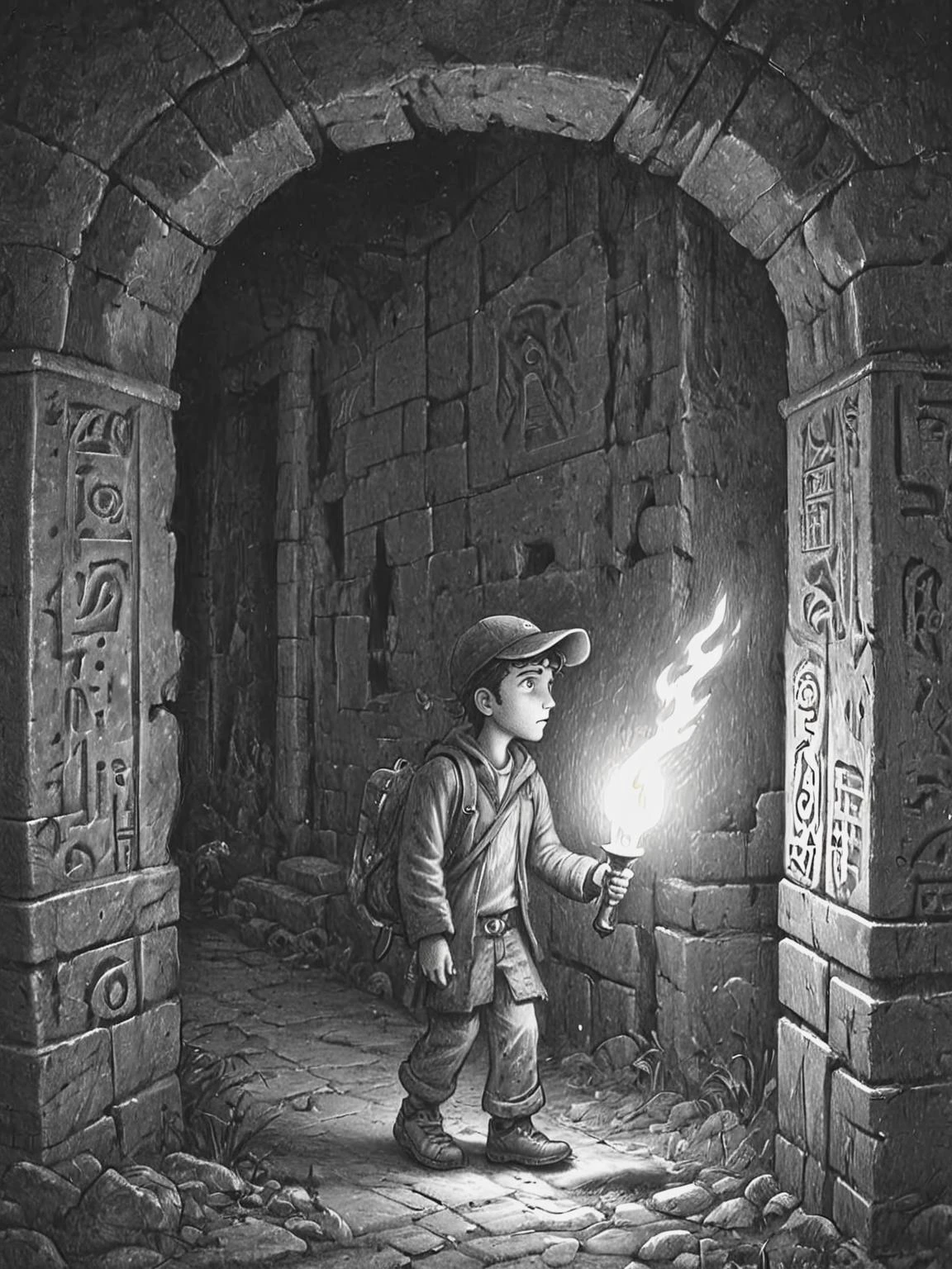 by Brian Selznick treasure hunter holding a torch, stepping cautiously into the shadows of the ancient ruin, their lantern casting eerie glows upon the crumbling walls adorned with hieroglyphs and forgotten symbols, <lora:Brian_Selznick_Style_XL:0.7>