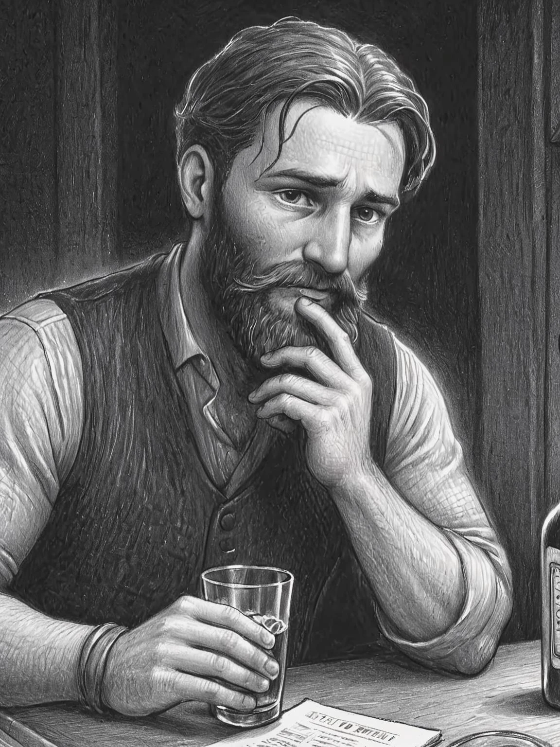 drawing, by Brian Selznick, a portrait of a seaman with a rugged, thick beard, capturing a slightly befuddled expression, he is sitting at the table next to him there is a bottle of whiskey, focus is on his facial expressions and the subtle details like the texture of his beard and the glint in his eyes, cozy, slate gray atmosphere, soft cinematic light, <lora:Brian_Selznick_Style_XL:0.8>