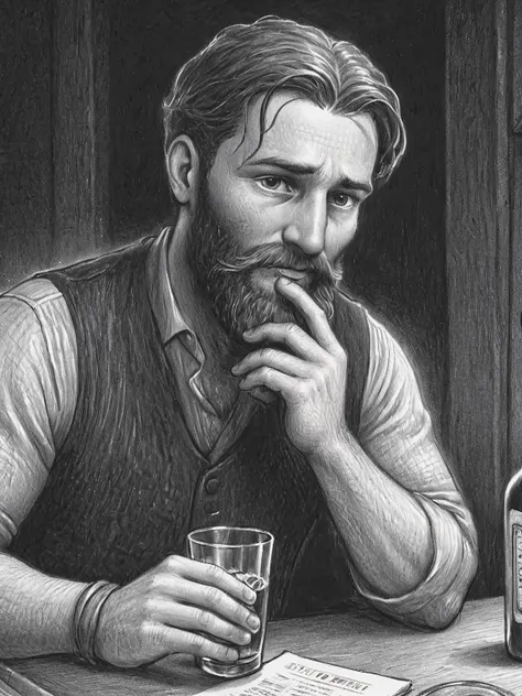 drawing,  by Brian Selznick, a portrait of a seaman with a rugged, thick beard, capturing a slightly befuddled expression, he is sitting at the table next to him there is a bottle of whiskey, focus is on his facial expressions and the subtle details like the texture of his beard and the glint in his eyes, cozy, slate gray atmosphere, soft cinematic light,   <lora:Brian_Selznick_Style_XL:0.8>