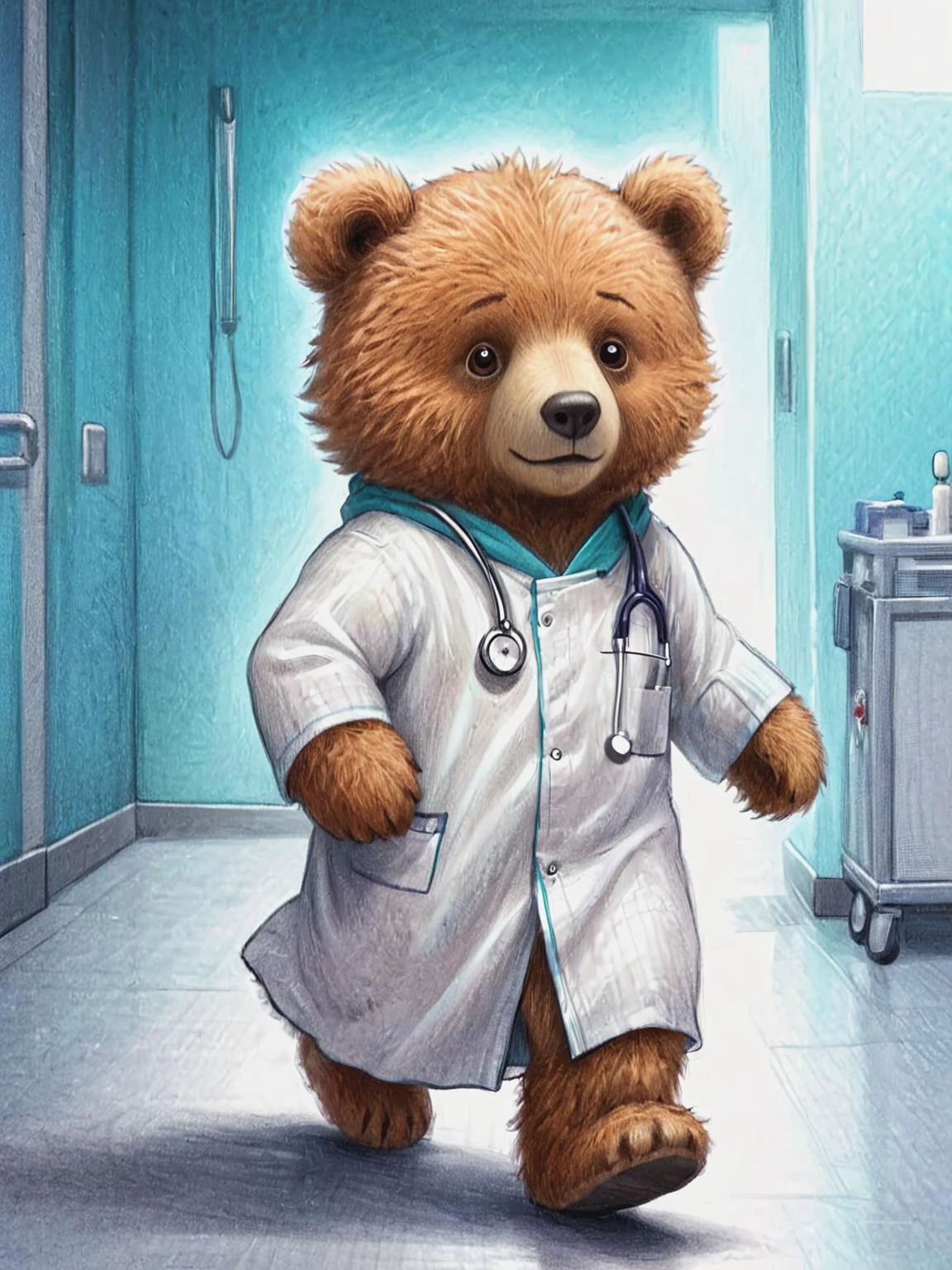 cute clumsy teddy bear wearing medical gown, walking on the hospital, detailed puffy fur, highly detailed, illustration, artstation, octane, <lora:add-detail-xl:1.2>, <lora:Brian_Selznick_Style_XL:1>, pencil, drawing, by Brian Selznick