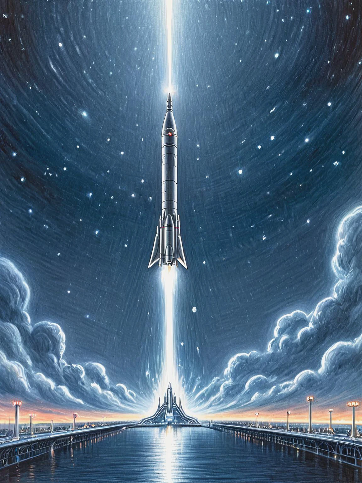 Modernist, modernist view of pencil, drawing, by Brian Selznick a futuristic scene with a sleek, advanced rocket launching from a high-tech spaceport. Use metallic structures, glowing lights, and advanced technology to convey a sense of progress and innovation <lora:Brian_Selznick_Style_XL:0.6>. 18mm lens, f/4, minimalistic, strong lines