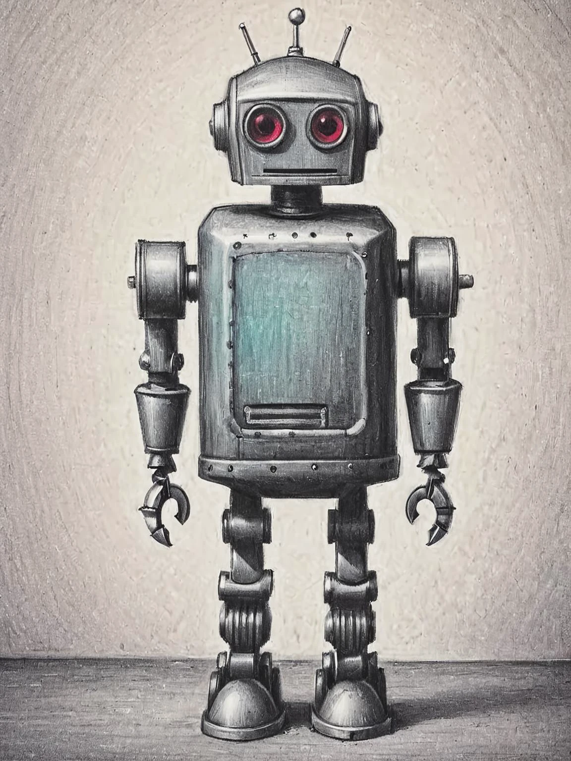 pencil, drawing, by Brian Selznick,(old dirty, broken robot:1.4), vivid colors <lora:Brian_Selznick_Style_XL:0.8>