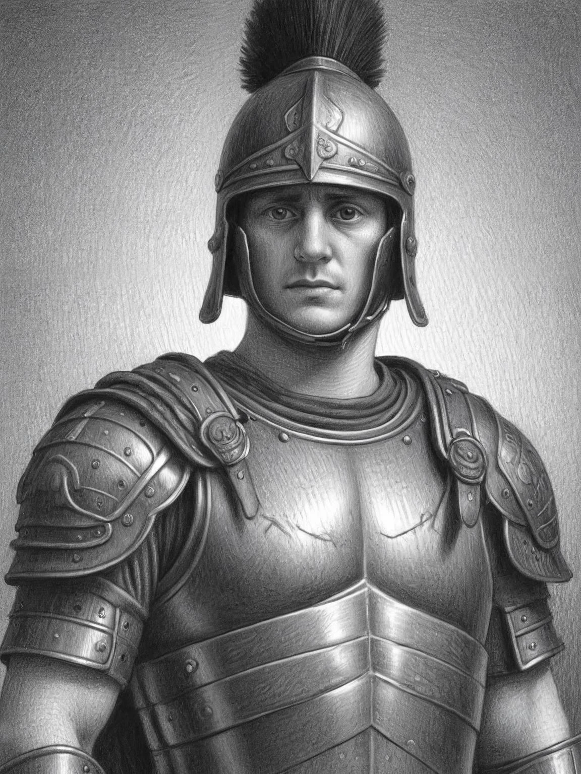 pencil, drawing, by Brian Selznick, a Roman soldier in full armor, standing tall with a serious expression on his face. on the background military , ((masterpiece)) , ((detailed)), <lora:Brian_Selznick_Style_XL:0.8>