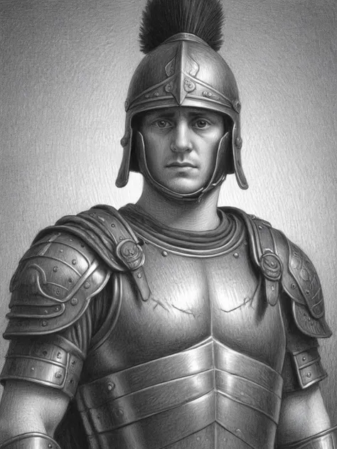 pencil, drawing,  by Brian Selznick, a Roman soldier in full armor, standing tall with a serious expression on his face. on the background  military , ((masterpiece)) , ((detailed)),  <lora:Brian_Selznick_Style_XL:0.8>