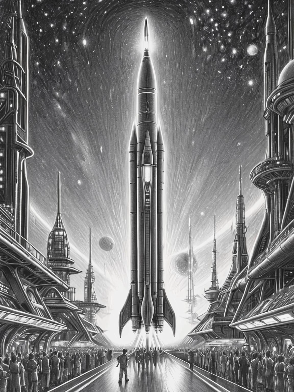 Modernist, modernist view of pencil, drawing, by Brian Selznick a futuristic scene with a sleek, advanced rocket launching from a high-tech spaceport. Use metallic structures, glowing lights, and advanced technology to convey a sense of progress and innovation <lora:Brian_Selznick_Style_XL:0.6>. 18mm lens, f/4, minimalistic, strong lines