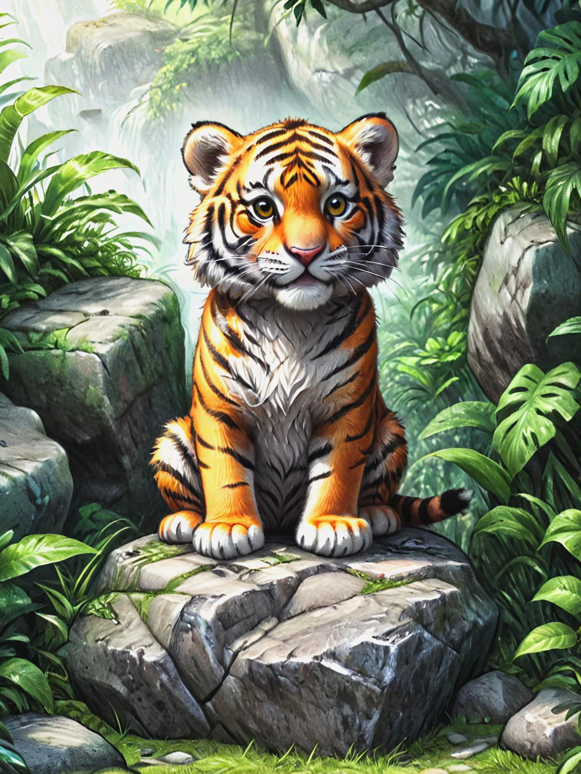 cute tiger sitting on the stone, detailed fur, jungle, highly detailed, trend on artstation, concept art, sharp focus, illustration, volumetric lighting, epic Composition, <lora:Brian_Selznick_Style_XL:1.3> pencil, drawing, by Brian Selznick, <lora:xl_more_art-full_v1:0.8>
