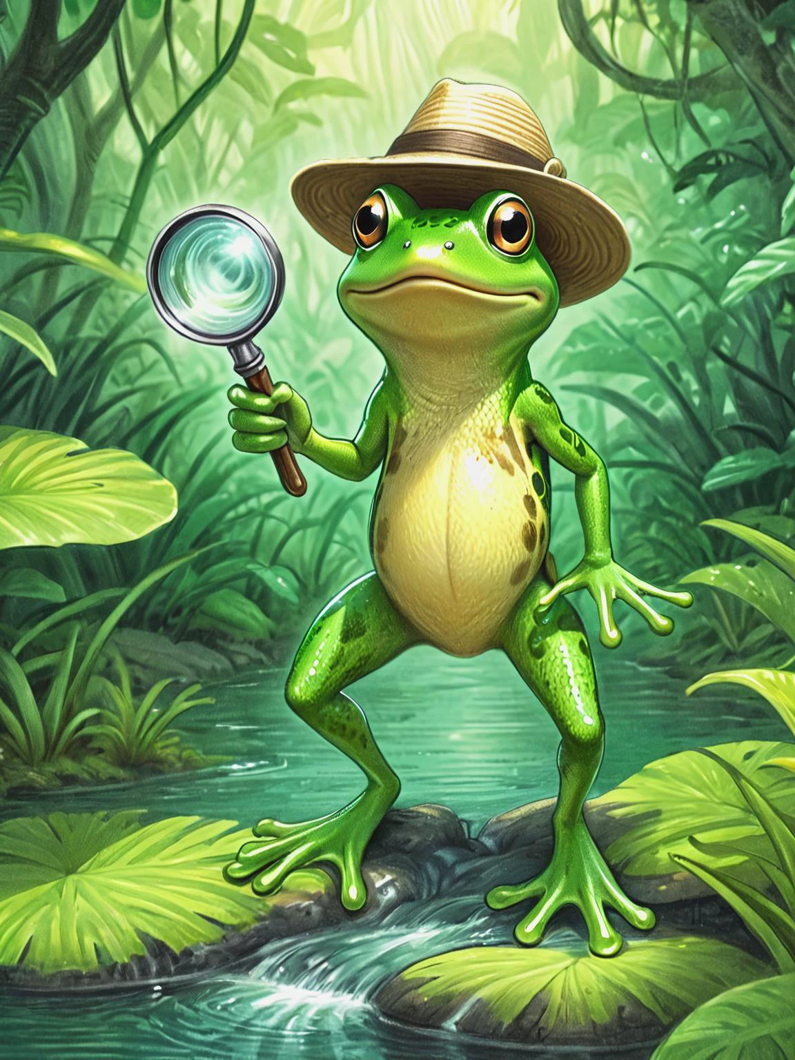 pencil, drawing, by Brian Selznick, a funny cartoon character, a cheerful frog wearing a safari hat and wielding a magnifying glass, ready to embark on an exciting adventure through lush jungles and winding rivers, <lora:Brian_Selznick_Style_XL:0.8>