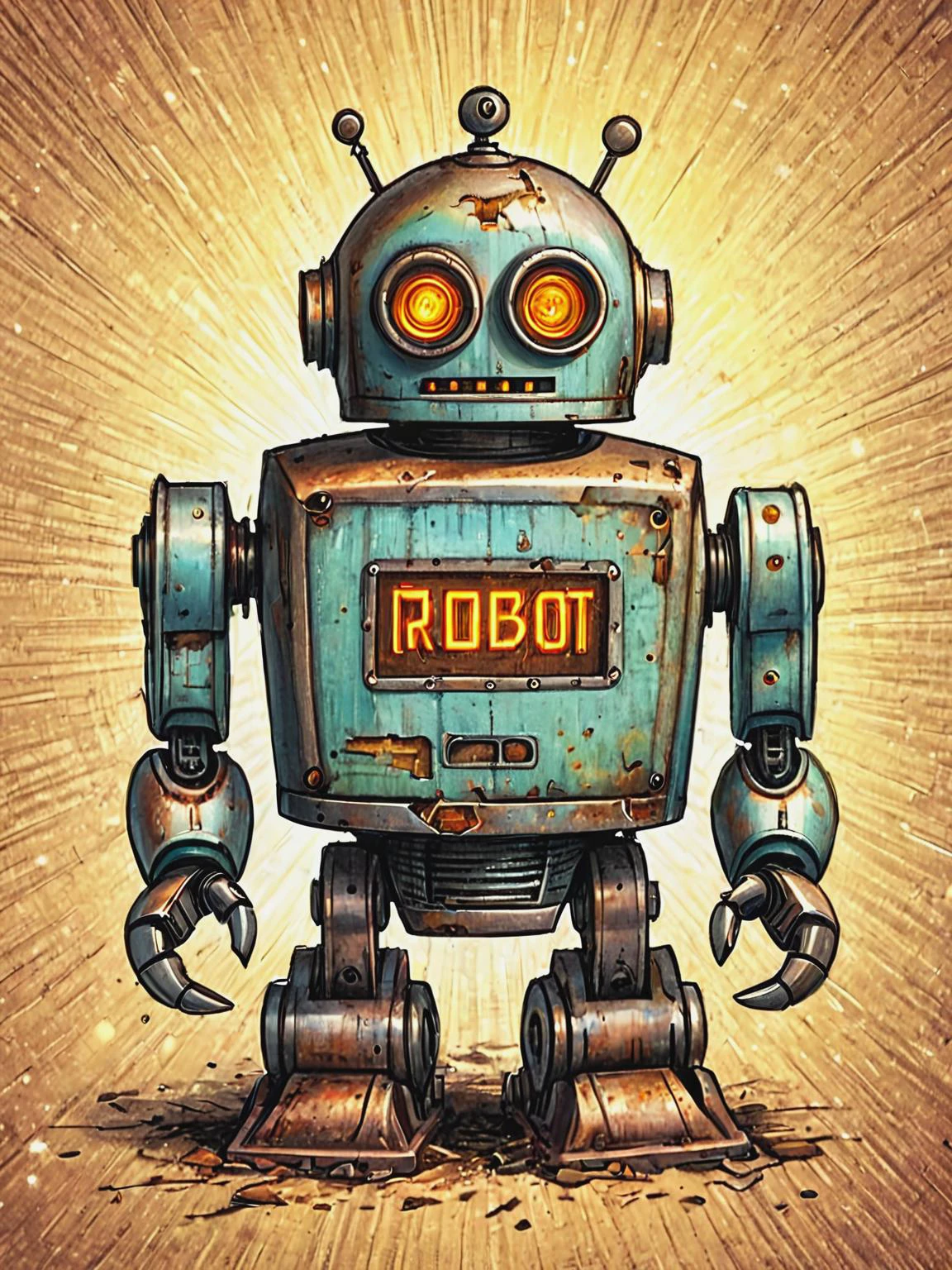 drawing, by Brian Selznick,(old dirty, broken robot:1.4), vivid colors <lora:Brian_Selznick_Style_XL:0.8>
