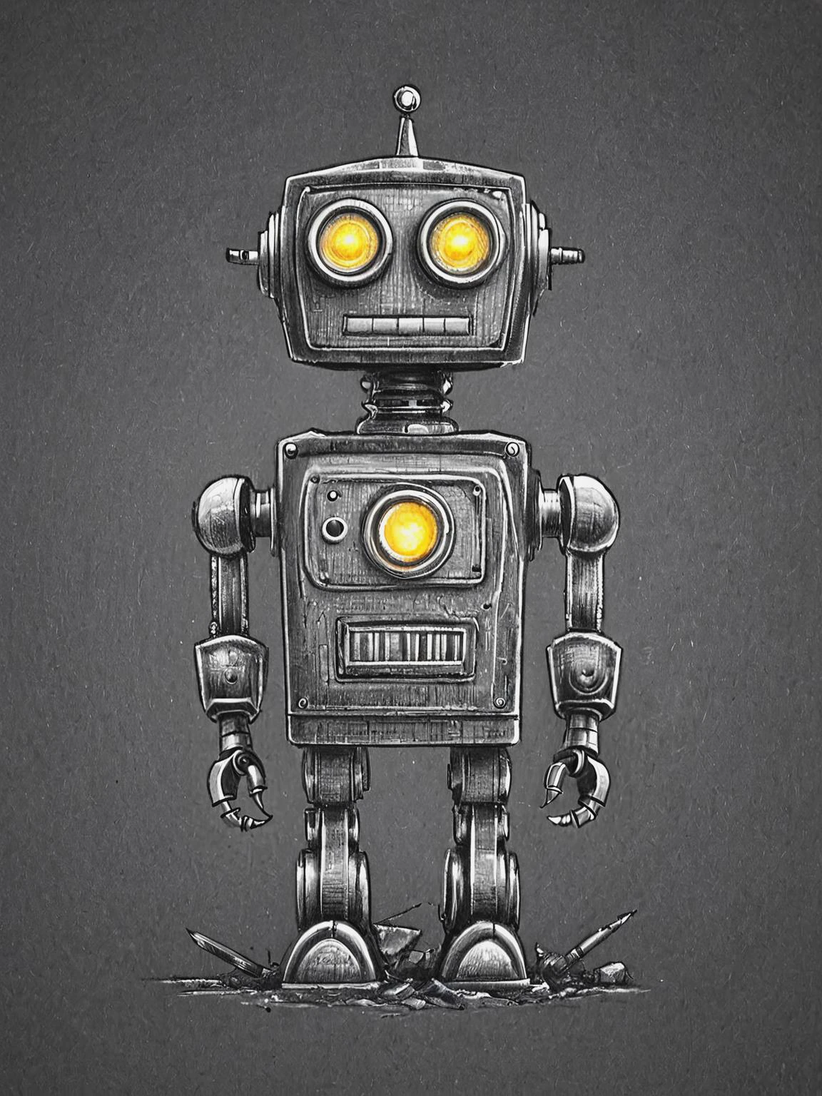 pencil, drawing, by Brian Selznick,(old dirty, broken robot:1.4), vivid colors <lora:Brian_Selznick_Style_XL:0.8>