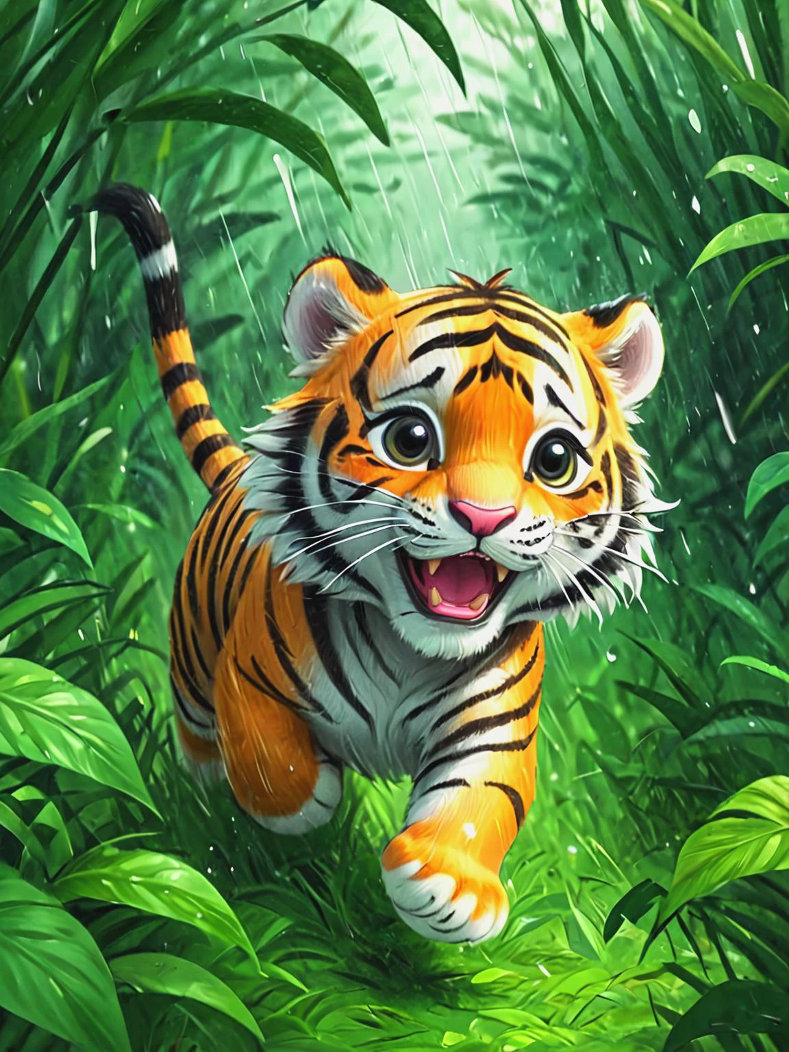 cartoon character, cute baby tiger running through the jungle, dynamic art, rainy, digital artwork, illustrative, painterly, highly detailed, pencil <lora:add-detail-xl:0.8>, <lora:Brian_Selznick_Style_XL:1>