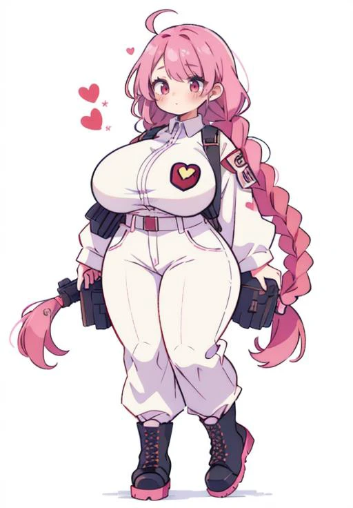 1girl, pink hair, red eyes, braid, (huge breasts), thick thighs, wide hips, (thick), heart motif,
white military uniform, (baggy pants, combat boots), (camoflauge), (full body),
 <lora:opll-f:0.2> opll <lora:nagachichiD:0.4> hanging breasts, <lora:tighttops3:0.2> tighttops <lora:Nijicute_20230623024115:0.3>