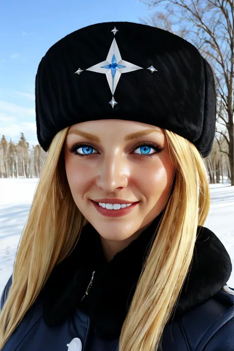kolin, long blonde hair,blue eyes, ushanka, coat, fur trim, looking at viewer, smiling, close up, outside, field, trees, snow, blue sky, high quality, masterpiece, <lora:kolin:.7>