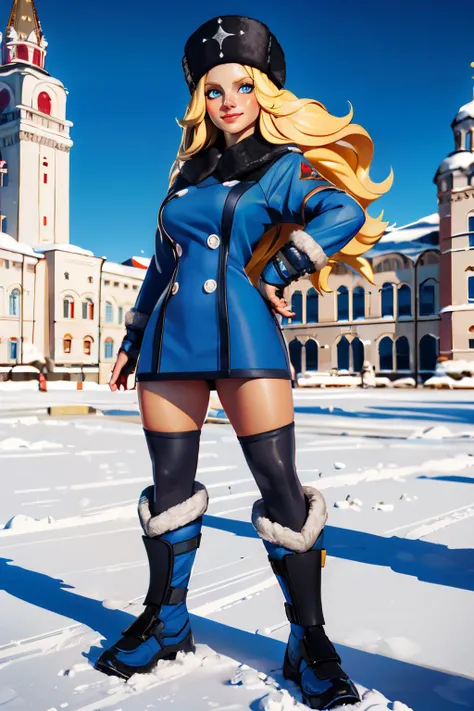 kolin, long blonde hair,blue eyes, ushanka,coat,fur trim, black thighhighs, boots, looking at viewer, smiling, full body shot, standing, outside, moscow, snow, snowing, high quality, masterpiece, <lora:kolin:.8>